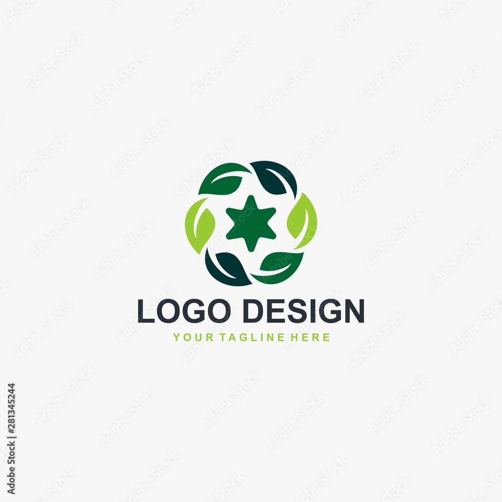 Green leaf logo design vector. Plant abstract illustration symbol. Circle leaves and star vector icons. 