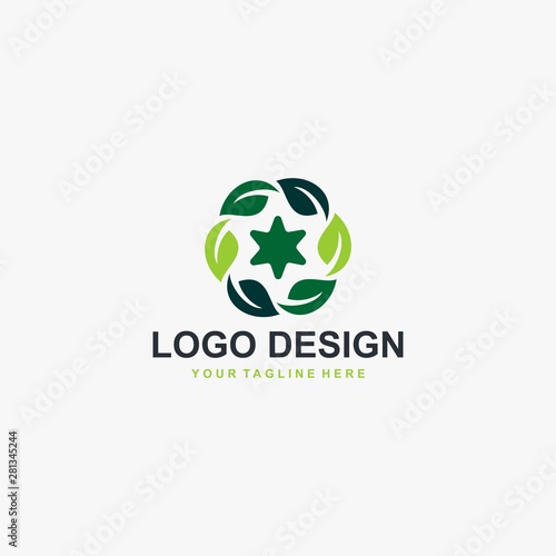 Green leaf logo design vector. Plant abstract illustration symbol. Circle leaves and star vector icons. 