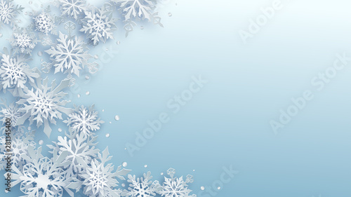 Christmas illustration of white complex paper snowflakes with soft shadows on light blue background