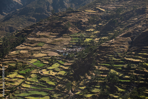 Panoramic view of little town and terraces of the Peruvian Andes, In Peru.