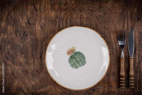 Obraz na płótnie Empty plate with fork and knife on colored wooden background, top view, copy space, mock-up w salonie