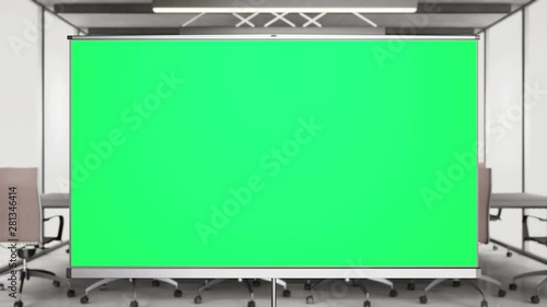 Projection cinema screen pull-down and camera zoom to green screen.  Blured office interior behind tripod. 60fps animation.