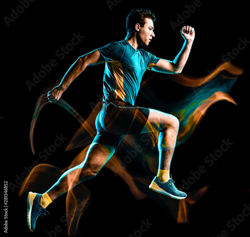 one caucasian runner running jogger jogging man light painting speed effect isolated on black background © snaptitude