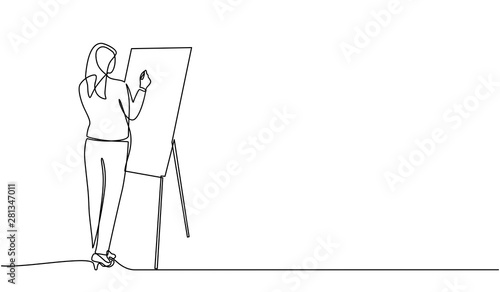Continuous line drawing of a woman writing graph marketing executive on the board. business woman showing data. Meeting and marketing concept. Business woman presenting on white board.