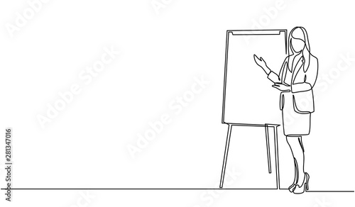 Continuous line drawing of a woman writing graph marketing executive on the board. business woman showing data. Meeting and marketing concept. Business woman presenting on white board.