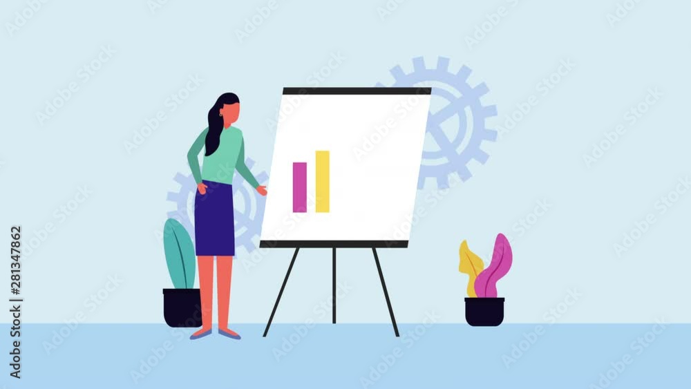 businesswoman with paperboard and statistics avatar character businesswoman with paperboard and statistics avatar character
