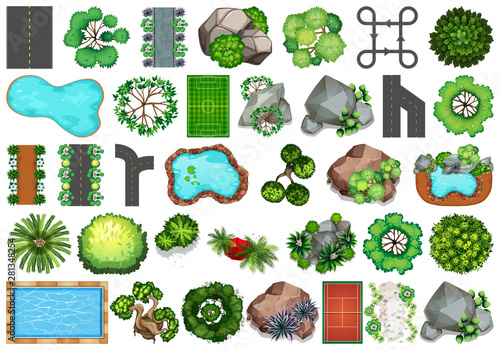 Collection of outdoor nature themed objects and plant elements