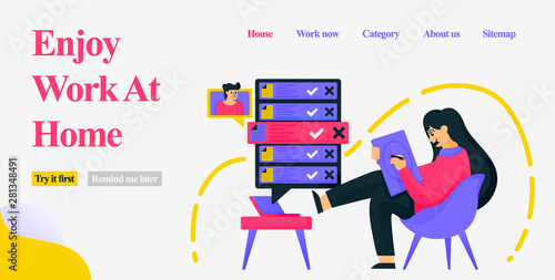 Design a girl sitting in a home chair casually and working as a freelancer by designing, getting orders and meeting clients on the internet. Flat vector illustration concept for Landing page, website