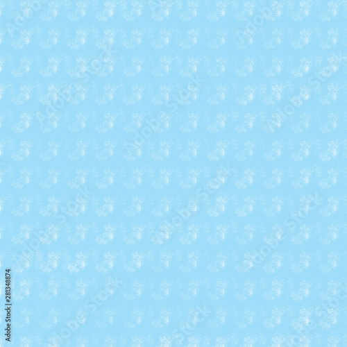 Abstract blue background with white paints stains. Gentle geometric pattern for fabric, design, decor, fashion, textile, print. Repeated light splashes. Frozen effect, snow, ice. Winter time, cold