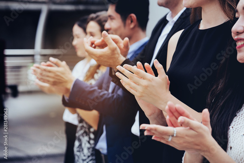 Team businessmen are clapping their hands to Congratulation the project Event Conference, Work being done according to winner goal set. Corporate teamwork business people success. Celebrate Business.