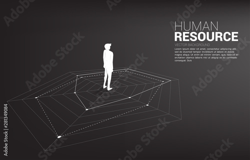 Silhouette of businessman standing on spider chart. Concept of perfect recruitment. Human Resource. put the right man on the right job.
