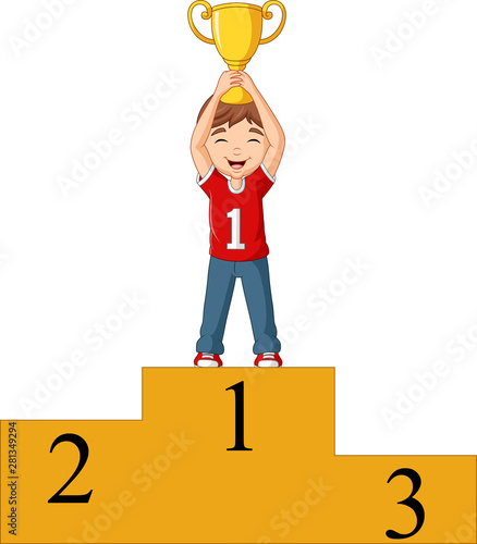Cartoon boy standing on the winning podium holding a trophy