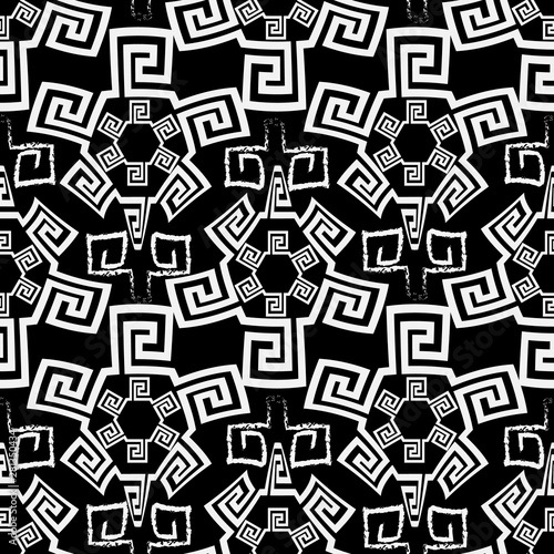 Tribal black and white greek vector seamless pattern. Ornamental ethnic background. Repeat abstract backdrop. Doodle chalk greek key meanders ornament. Beautiful decorative design for fabric, prints