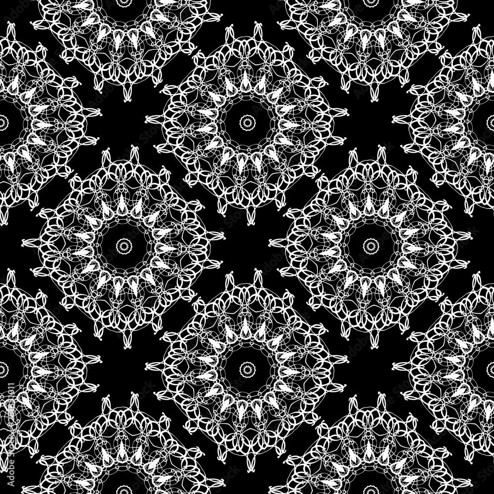 Lace ornamental black and white vector seamless pattern. Floral ethnic lacy ornament. Vintage monochrome background. Repeat endless ornate texture. Intricate line art tracery doodle design.