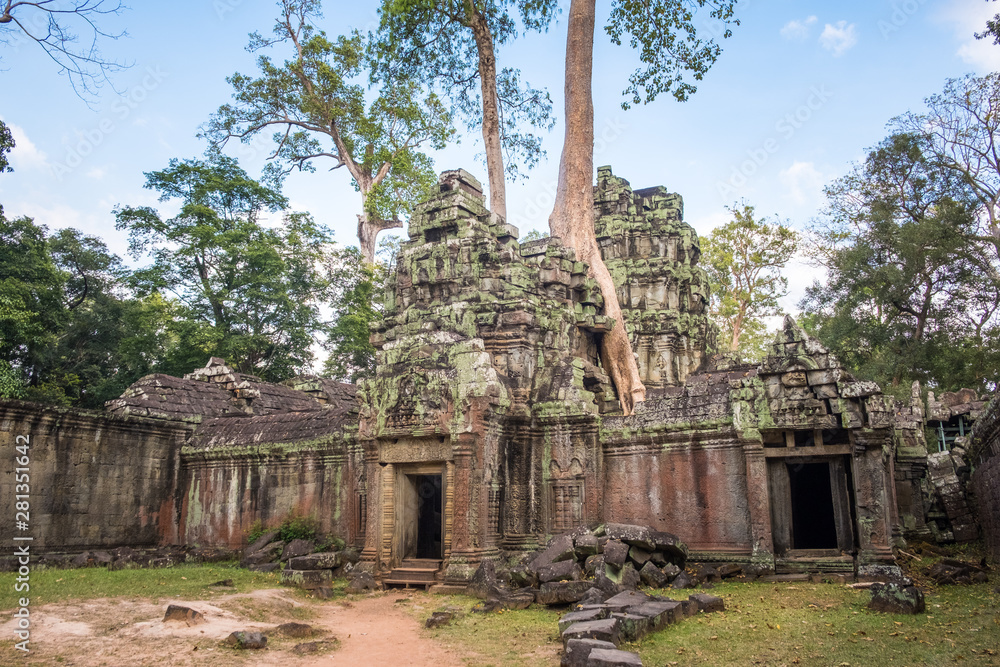 Ta Prohm temple, one of Angkor's best visited monuments. It is known for the huge trees and massive roots growing out of its walls in Siem Reap, Cambodia.