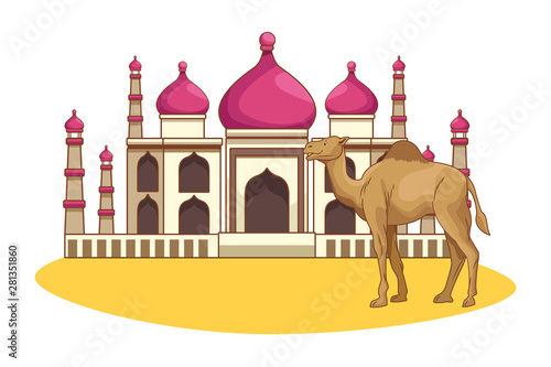 Taj mahal and camel cartoon scenery