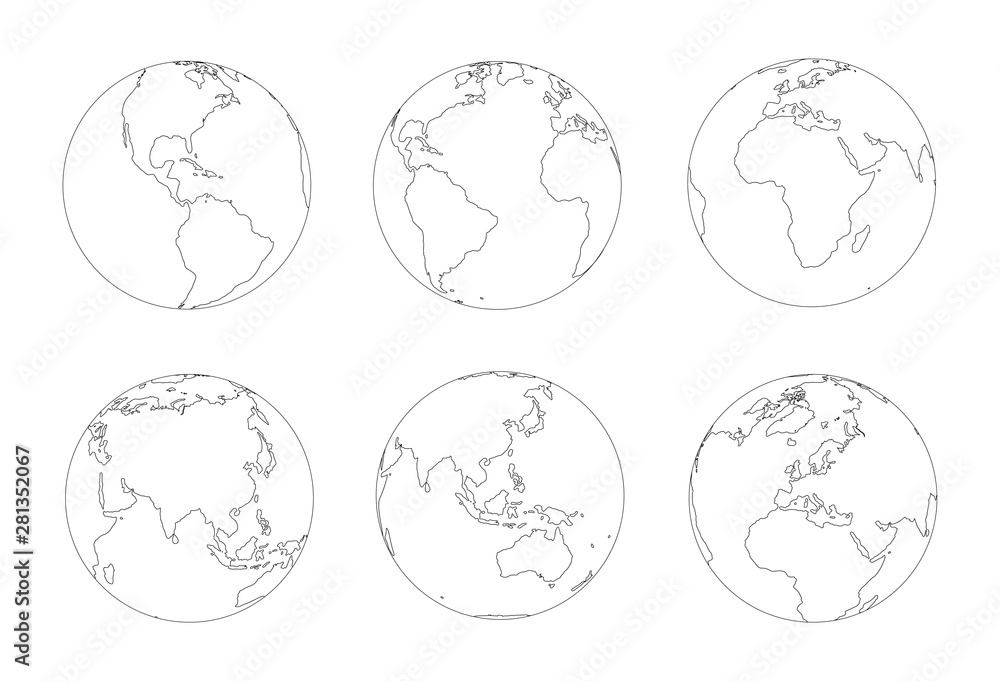 Obraz Globes icon collection. Contour map of the world. Planet with continents