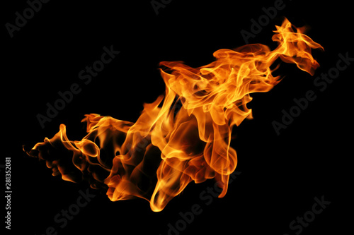 Fire flames isolated on black background  movement of fire flames