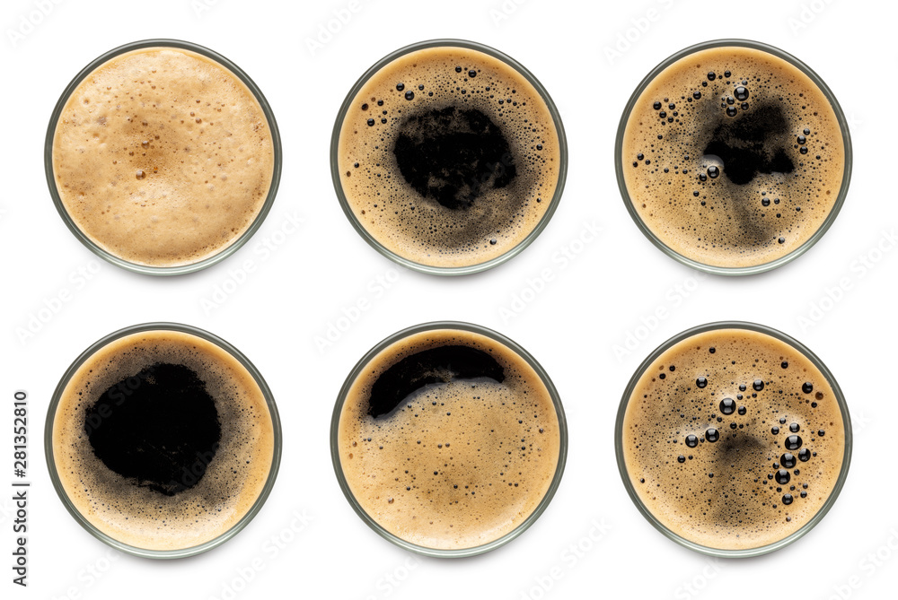 Glass of dark stout beer with foam assortment top view collection isolated on white background. - obrazy, fototapety, plakaty 