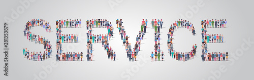 people crowd gathering in shape of service word different occupation employees mix race workers group standing together social media community concept flat horizontal vector illustration
