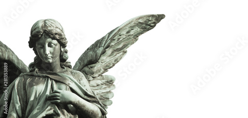 Guardian angel sculpture with open long wings desaturated isolated on wide panorama banner background empty text space. Angel sad expression sculpture with eyes down and hand in front of chest.