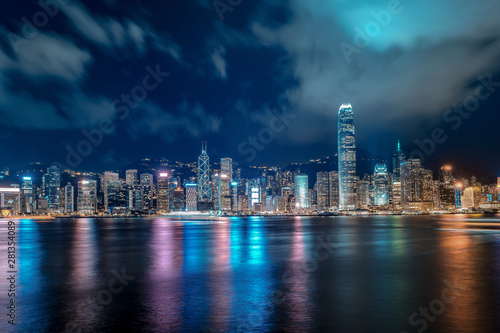 Hong Kong cityscape at night. View From Victoria Harbour.