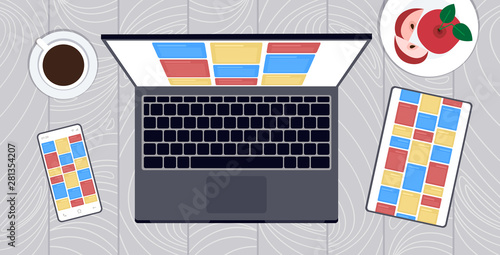 notes computer application mobile interface on screen of laptop smartphone tablet on desktop organizer reminder cross platform concept top angle view flat