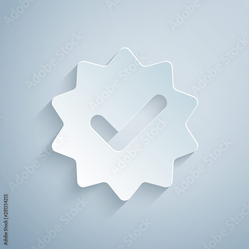 Paper cut Approved or certified medal with ribbons and check mark icon isolated on grey background. Paper art style. Vector Illustration