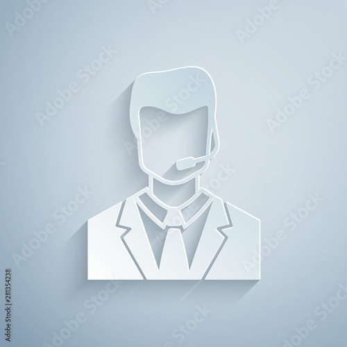 Paper cut Man with a headset icon isolated on grey background. Support operator in touch. Concept for call center, client support service. Paper art style. Vector Illustration
