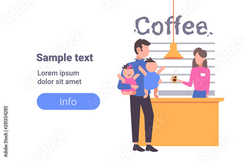 father with little son and daughter at cafe counter taking coffee family having fun spending time together flat full length horizontal copy space