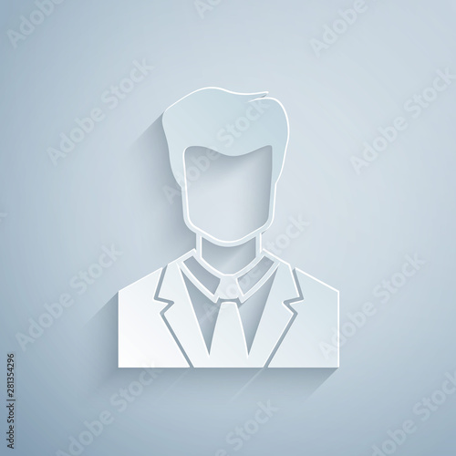 Paper cut User of man in business suit icon isolated on grey background. Business avatar symbol - user profile icon. Male user sign. Paper art style. Vector Illustration
