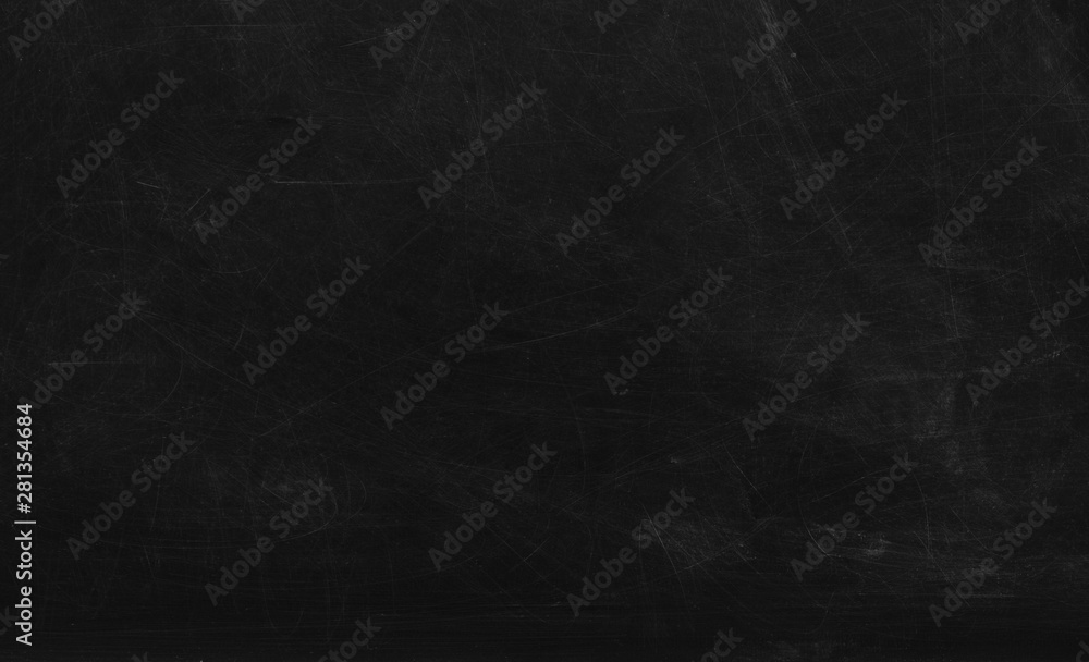 Black chalk board texture background.  Chalkboard, blackboard, school board  surface with scratches and chalk traces. Space for text. - obrazy, fototapety, plakaty 
