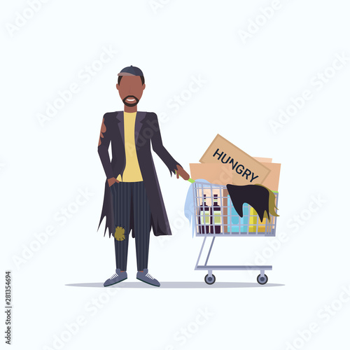 poor man pushing trolley cart with belongings african american guy walking street begging for help homeless concept white background full length