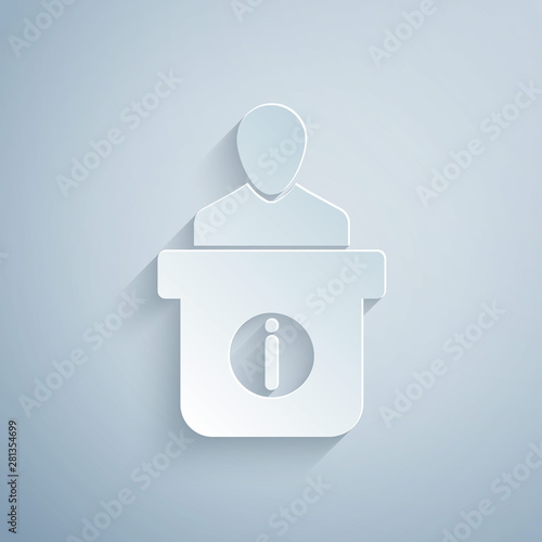 Paper cut Information desk icon isolated on grey background. Man silhouette standing at information desk. Help person symbol. Information counter. Paper art style. Vector Illustration