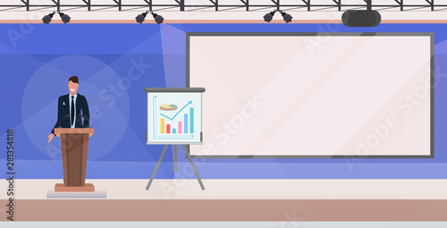 businessman tribune speech business man making financial presentation on conference meeting with flip chart modern boardroom interior flat horizontal