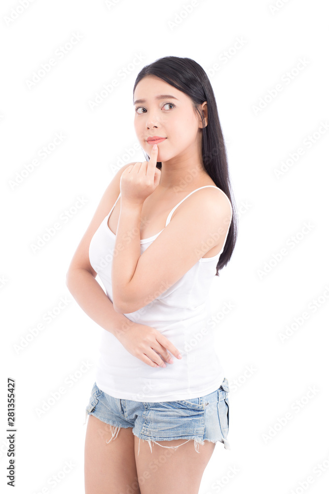 Portrait beautiful woman asian makeup of cosmetic, girl hand touch lips and mouth and smile attractive, face of beauty perfect with wellness isolated on white background with skin healthcare concept. Portrait beautiful woman asian makeup of cosmetic, girl hand touch lips and mouth and smile attractive, face of beauty perfect with wellness isolated on white background with skin healthcare concept.