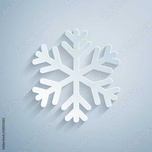 Paper cutSnowflake icon isolated on grey background. Paper art style. Vector Illustration