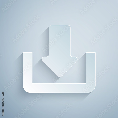 Paper cut Download icon isolated on grey background. Upload button. Load symbol. Arrow point to down. Paper art style. Vector Illustration