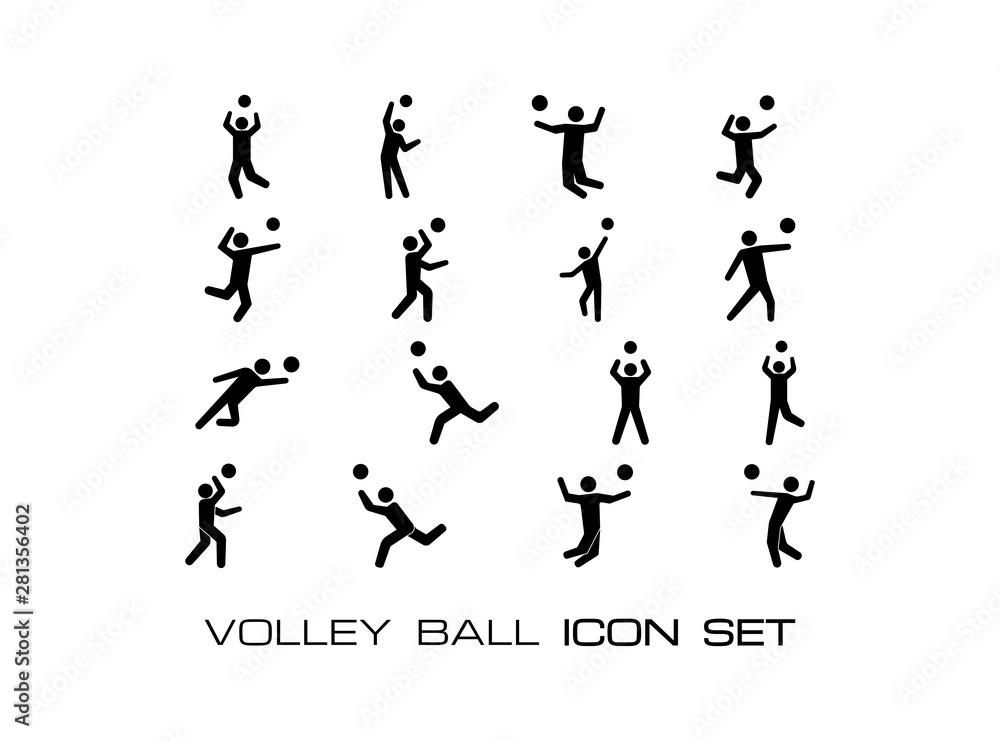 16 (Sixteen) Simple Volleyball Black Monochrome Icon Set Collection, in Trendy Flat Isolated on White Background.- Vector EPS 10