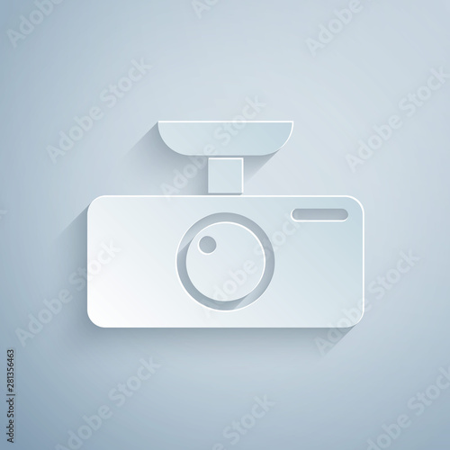 Paper cut Car DVR icon isolated on grey background. Car digital video recorder icon. Paper art style. Vector Illustration