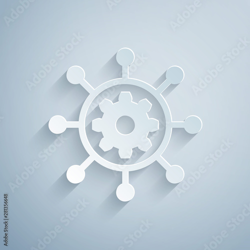 Paper cut Project management icon isolated on grey background. Hub and spokes and gear solid icon. Paper art style. Vector Illustration