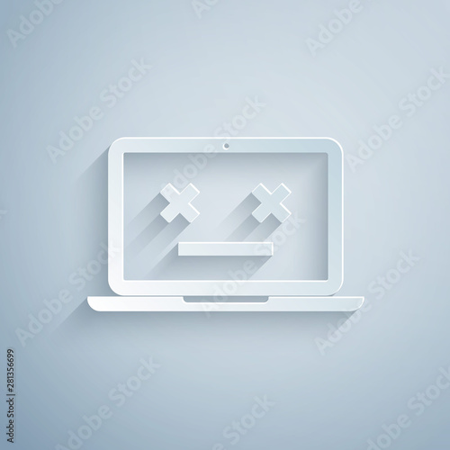 Paper cut Dead laptop icon isolated on grey background. 404 error like laptop with dead emoji. Fatal error in pc system. Paper art style. Vector Illustration