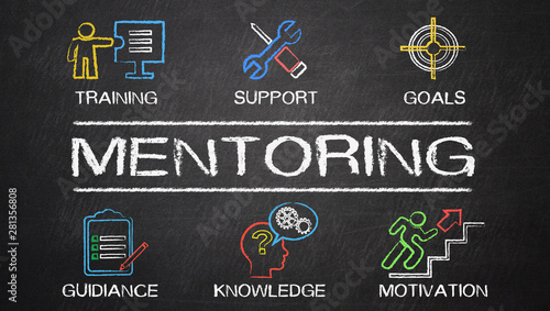 mentoring concept chart with keywords and icons drawn on blackboard photo