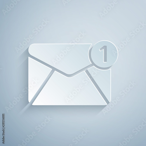 Paper cut Envelope icon isolated on grey background. Received message concept. New, email incoming message, sms. Mail delivery service. Paper art style. Vector Illustration