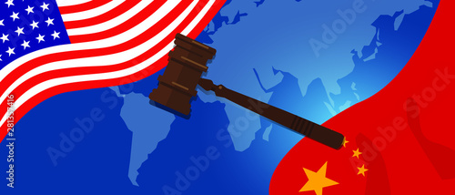 Law legal case trade tension or trade war between US and China, financial concept Flags of USA and China with gavel or hammer. Vector illustration