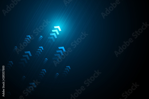 Blue light arrows up with dot speed line on black background, copy space composition, technology speed development concept.