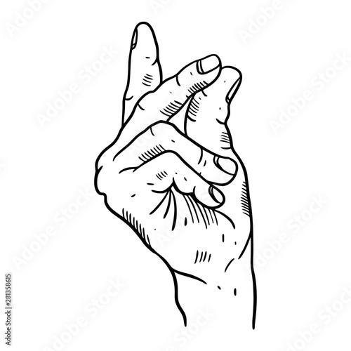 Snap Fingers sign. Black color.  Hand drawn vector illustration. Engraving style. Isolated on white background.