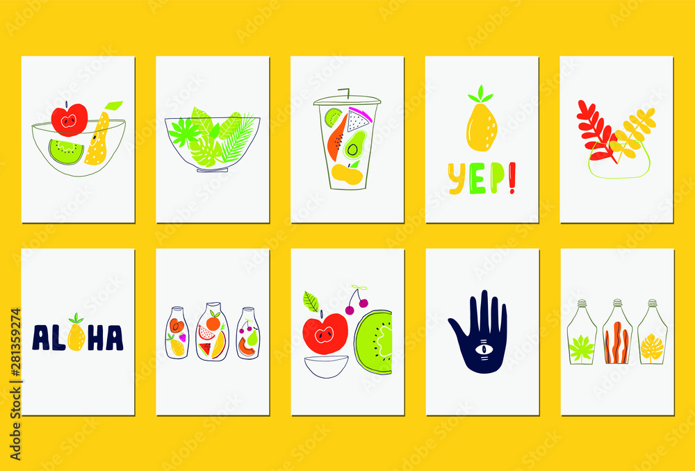 Hand drawn flat fruits with line dishes. Vector kids cards set.