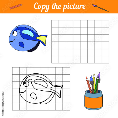 Fish coloring book Copy on the grid. With a sample of blue tang fish and bubbles. Leisure development. Game for children magazine. Cartoon Aquarium sea life. Page of the worksheet. Repeat image