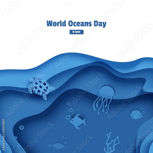 Paper cut butterflyfish, jellyfish, moonfish, turtle. Paper craft underwater ocean cave with fishes, coral reef, seabed in algae, waves. Diving concept, deep blue marine life. Vector sea wildlife